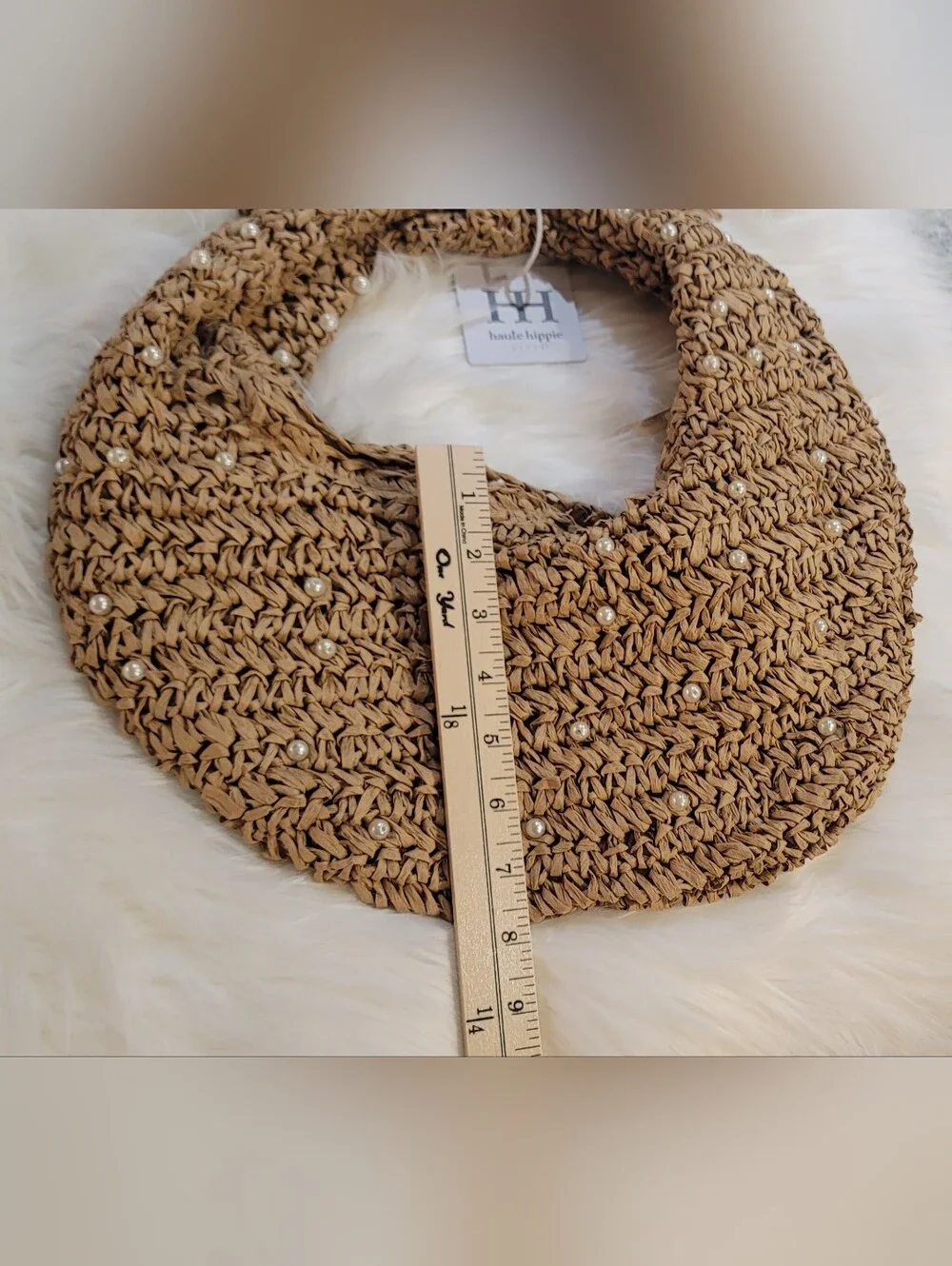 Haute Hippie Hand Bag Faux Pearls Natural Beige Straw Crescent Hobo Boho Coastal
